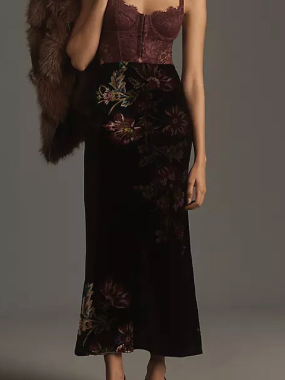 Anthropologie The Tilda Maxi Slip Skirt Black Floral Velvet
